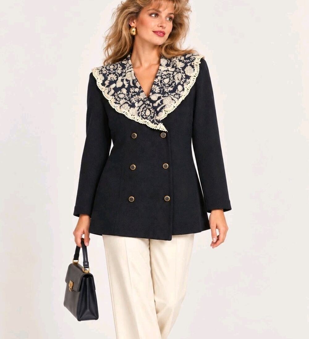 Vintage Liz Roberts 80s 90s Knit Blazer Size 14 Double Breasted Lace Collar USA